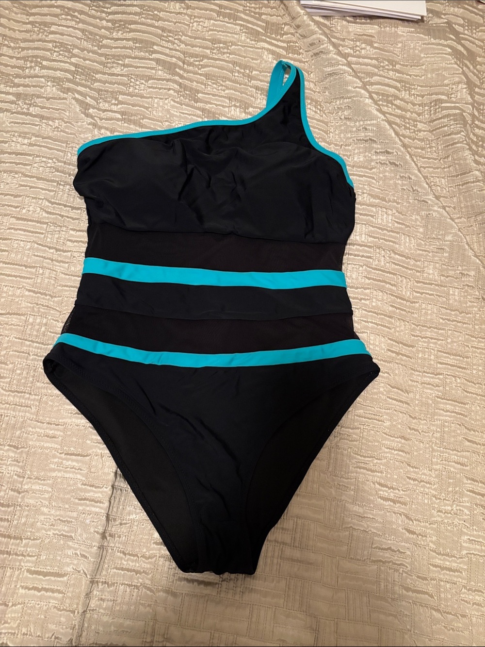 One-Shoulder Black Swimsuit with Teal Stripes and sexy mesh center size XL EUC